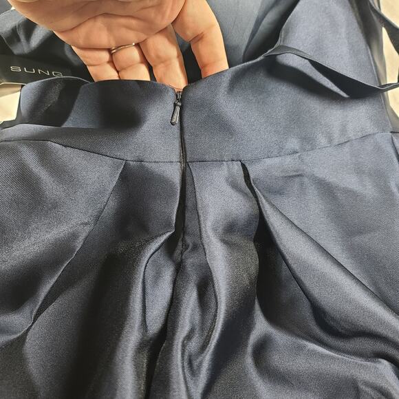 Alfred Sung D706 midnight blue hi-low satinl open back dress Size 6 Wedding - Picture 12 of 15